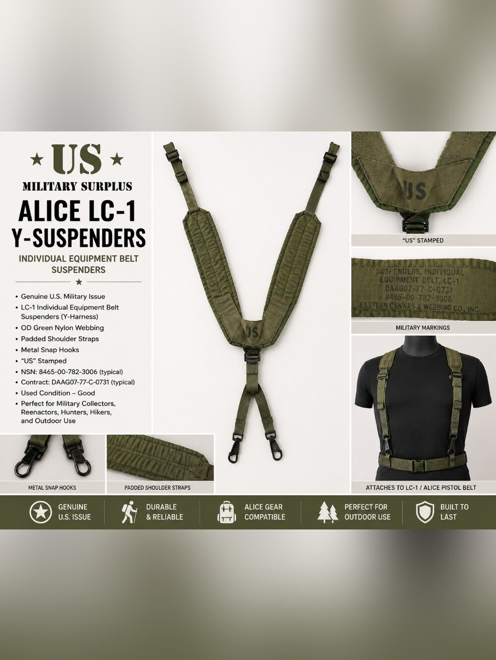 US Military LC-1 ALICE Y Suspenders Individual Equipment Belt Harness OD Green